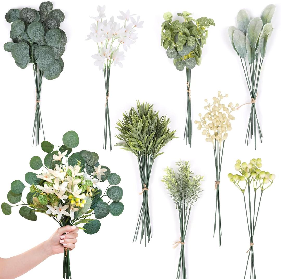 CCINEE 75pcs Artificial Greenery Stems Box Set, Faux Flowers Bouquet with Stems Fake Plants for DIY Wedding Bouquet Floral Arrangement Spring Home Table Decoration