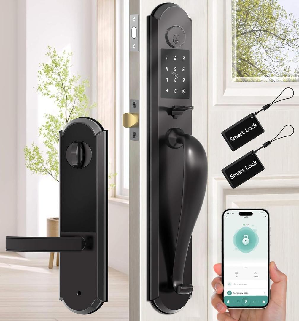 Anweller Keyless Entry Door Lock Deadbolt with Handle Set, Integrated Smart Deadbolt and Knob for Front Door, RFID Code Keypad Bluetooth Electronic Digital Safety Double Exterior Door Lock - Black