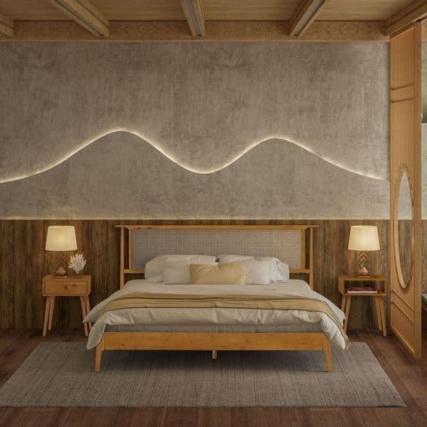 NTC Ruby Wooden Bed Frame with Headboard and Natural Rattan, Solid Oak/Rubber Wood Foundation with Silent Slats, 1000 Lb Capacity, Effortless Assembly (Natural Cane - Rustic Oak, King)