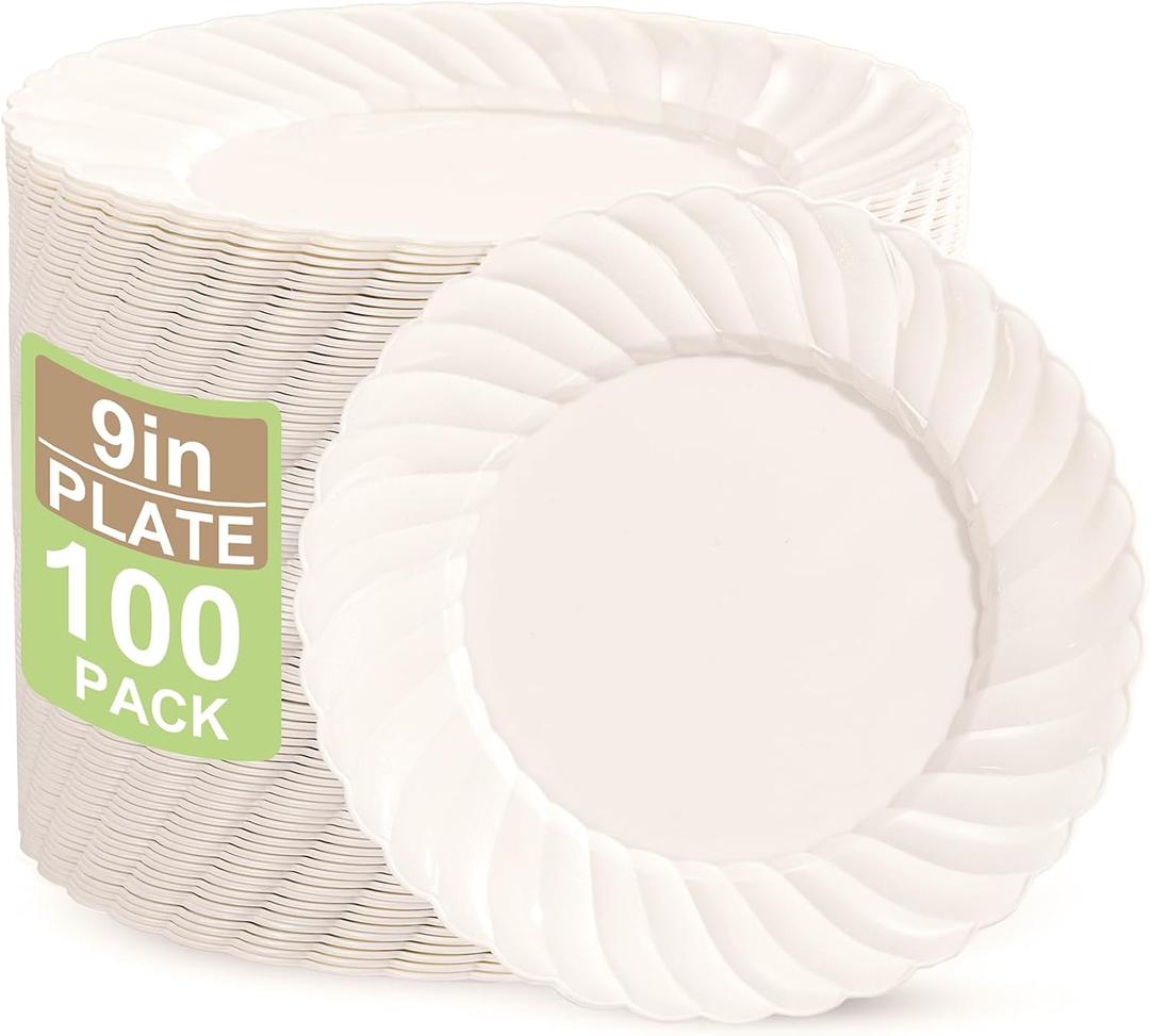 U-QE 100 Count 9 Inch Ivory Plastic Plates for Party - Scalloped Disposable Dinner Plates - Premium Hard Fancy Disposable Heavy Duty Party Supplies for Birthdays, Celebrations, Weddings and Events