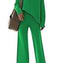AOHITE Womens 2 Piece Outfit Sets Knit Pullover Sweater Top and Wide Leg Pants Lounge Sweatsuit Tracksuit Green Small