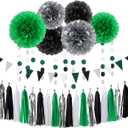 Black Green Silver Football Party-Decorations - 30pcs Soccer Graduation Streamers,Tissue Pom Poms,Tassel Garland Backdrop Men Boys Birthday Spring Sunmer Bunting Jungle theme Banner Lasting Surprise
