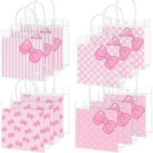 SmoothNovelty 24 Pcs Pink Cat Party Favor Bag Pink Bow Kitty Clear PVC Gift Bags with Handle Cute Kitten Cartoon Reusable Treat Tote for Women Kitty Party Wedding Birthday Baby Shower Supplies