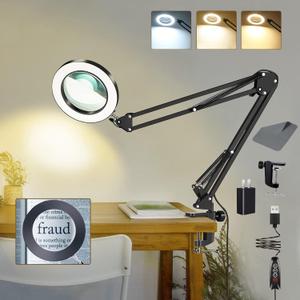 10X Magnifying Glass with Light and Clamp, Magnifier with Light Hands Free3 Color Modes Stepless Dimmable, 72 LEDs Real Glass Lens Magnifying Lamp for Close Work, Repair, Reading, Craft (Black)