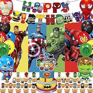 xisudwwdj 55 Pcs Hero Party Decorations,Birthday Decorations Include Banners,Cake Topper,Cupcake Topper,Latex Balloon,Shaped Aluminum Balloon,Backdrop Super Movie Theme Party