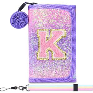 Kids Wallet for Little Girls - Toddler & Teen Girl Wallets with Initials, Coin Pocket & Magic Sticker - Purple