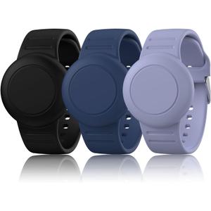 2 Pack Waterproof Air Tag Bracelet for Kids, Soft Silicone Air tag Holder for Apple Air Tag Case, Adjustable Anti Lost Watch Band for Kids 3 Years Old and up (Black/Bluegrey)