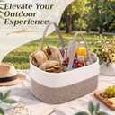 Cotton Rope Picnic Basket with Handle 15 x 10 x 6.7 Inches Portable Woven Basket with Waterproof Liner Boho Handwoven Tote Storage Bag for Fruit Wine Picnics Beach Home Storage Gift