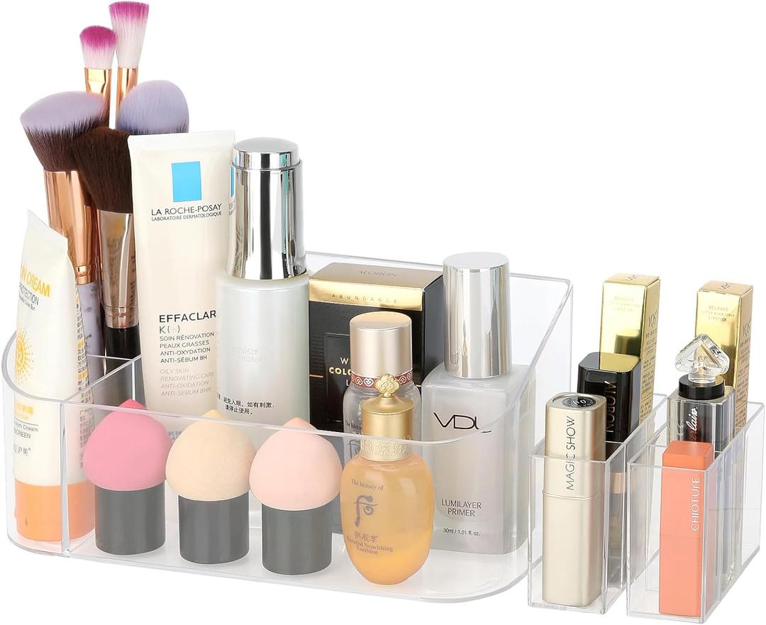 Clear Makeup Tray Holder Organizer Cosmetic Display Case, Small Makeup Organizer for Vanity Bathroom Counter Countertop Tabletop Desktop Vanity Drawers (Clear)