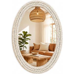 26"x39" Oval Wall Mirror, Handwoven Corn Husk, Whitewashed