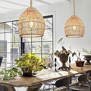 Arturesthome Natural Rattan Pendant Light for Kitchen Island, Woven Lamp Shade Chandelier, Handmade Hanging Ceiling Light Lampshade, Rope Lamp (25cmx27cm)