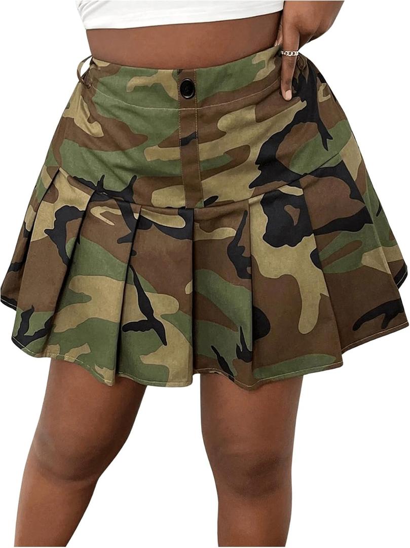 SOLY HUX Women's Plus Size Skirt Camo Print High Waisted Pleated A Line Short Skirts Army Green Camo 2XL
