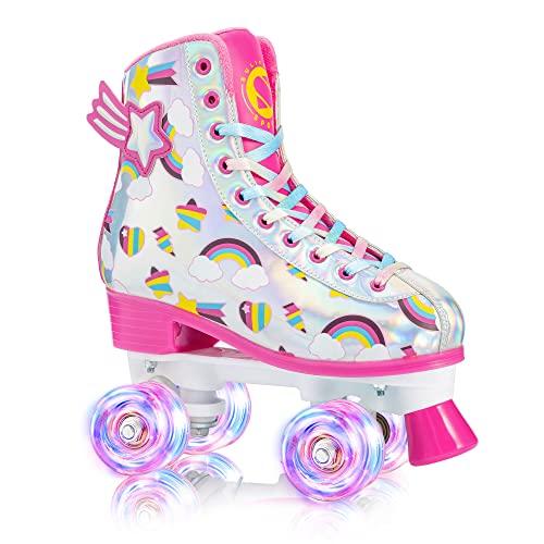 SULIFEEL Rainbow Unicorn Roller Skates for Girls Light up Wheels Kids Quad Skates with High Top Reflective TPU Leather Rainbow Unicorn Size 34