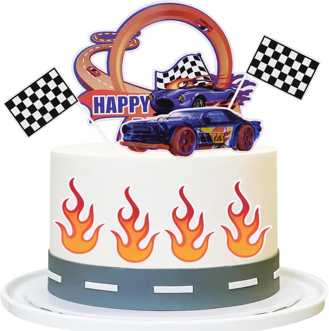 Fire Car Cake Topper Race Car Birthday Cake Decorations Racing Car Cake Toppers Checkered Flag Hot Wheel Themed Cake Cupcake Topper for Boys Girls Racing Car Party Supplies
