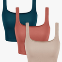 ODODOS 3-Pack Seamless Square Neck Tank for Women Ribbed Longline Crop Tops, Beige+Coral+Teal, X-Small