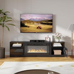 Aoxun Fireplace TV Stand Entertainment Center with 36" Fireplace,Wooden TV Stand for TVs Up to 80",Media TV Console with High Gloss Storage Cabinet (Black TV Stand-Black Fireplace, 80" TV Stand)