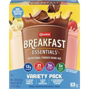 Nestle Carnation Breakfast Essentials Complete Nutritional Drink Rich Milk Chocolate/Classic French Vanilla/Strawberry Sensation Flavor 60 Ct (EXP 06/22/27)