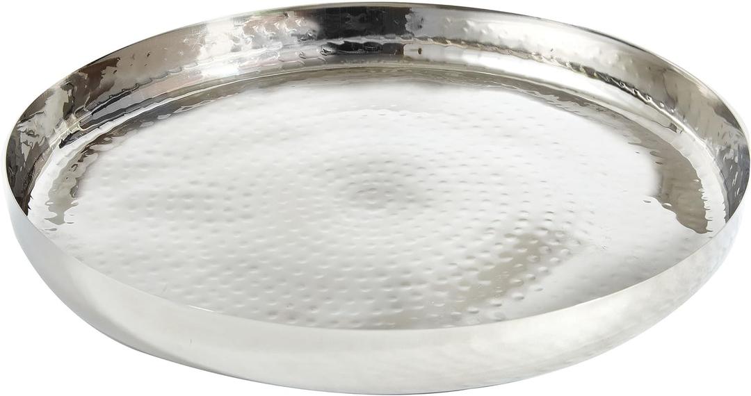 Elegance Hammered Stainless Steel Round Tray, Silver, 13"