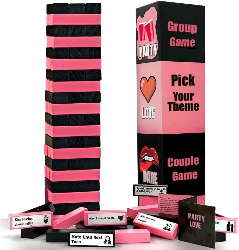 Party Games Nights l Giant Wooden Blocks Stacking Game l Pick Your Game, Fun for Group, Couple, Dare, DIY 200+ Missions and Questions for Party Night l Girls Night Party