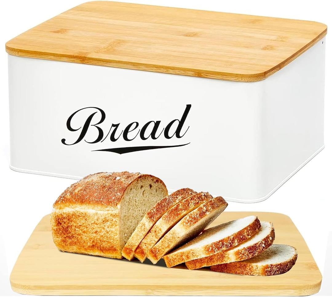 RoyalHouse Modern Metal Bread Box with Bamboo Cutting Board Lid, Bread Storage Container for Kitchen Counter, Vintage Kitchen Decor Organizer (Style 1)