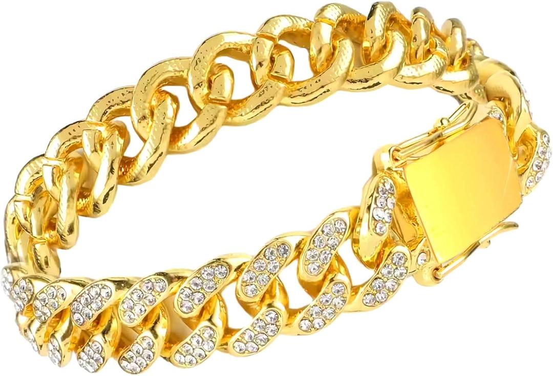 Dog Chain, Cat Chain Diamonds on a Metal Collar with Secure Buckle for Small Dogs, Cuban Style Dog Gold Chain, 14 mm Wide Gold Dog Chain