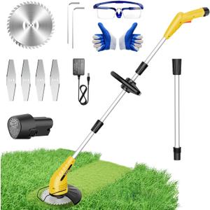 Electric Weed Wacker: Grass String Trimmer with 12V 2.0Ah Batteries & Fast Charger - Cordless Lightweight Cutter/Edger/Mower with 2 Types Blades for Garden Yard Lawn, Yellow