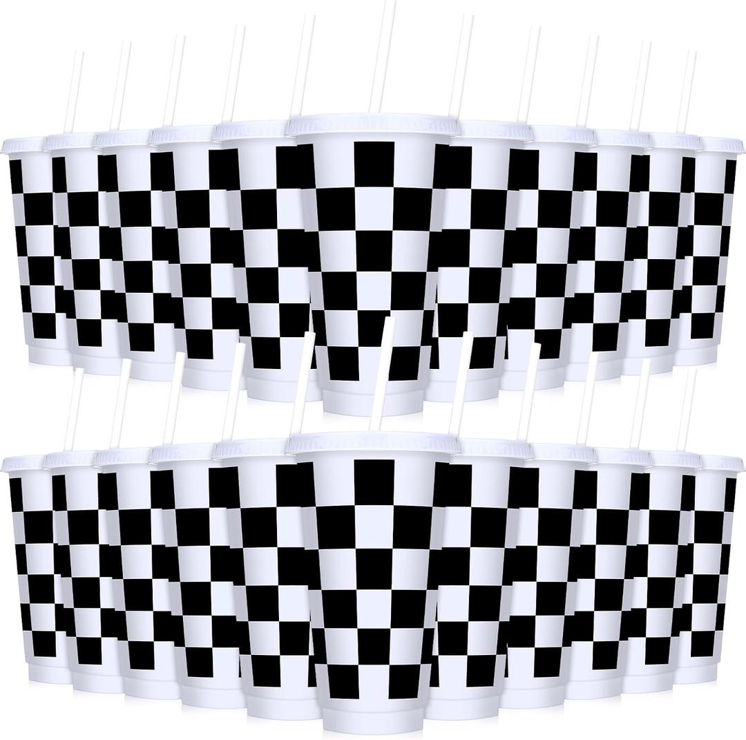 Domensi 24 Pcs Race Car Cups 24 oz Checkered Flag Party Supplies Thick Plastic Tumblers with Lids and Straw Iced Coffee Reusable Water Bottle for Adult Birthday Sport Racing Theme Party