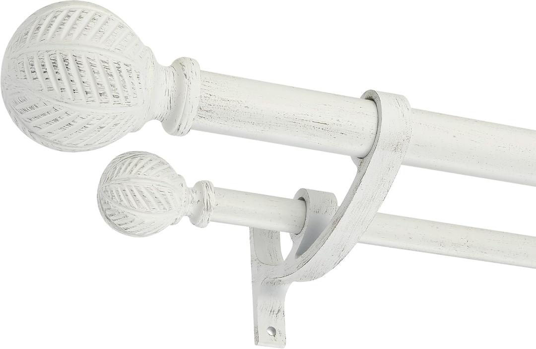 Wood Double Curtain Rods Set for Windows 36 to 72 Inches (3 to 6 ft), Adjustable Heavy Duty Dual Drapery Rods, 1 Inch Boho Rustic Decorative Curtain Rod,Brushed White
