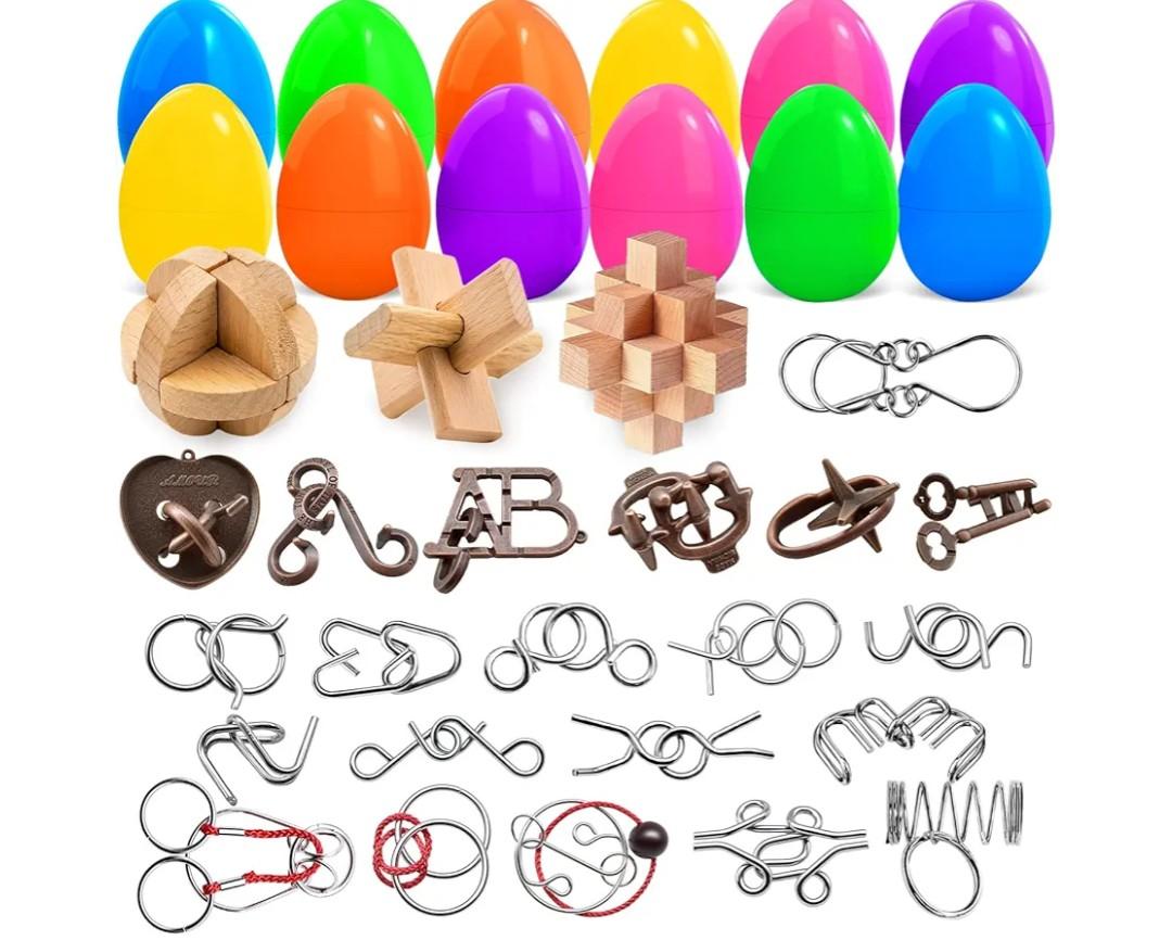 PullCrease 36 Set Easter Brain Teaser Puzzles Basket Stuffers Include 36 Fillers Eggs and 36 Brain Teaser Puzzles for Teens Adults Easter Egg Hunt Gifts IQ Education Smart Toys Family Games Favors