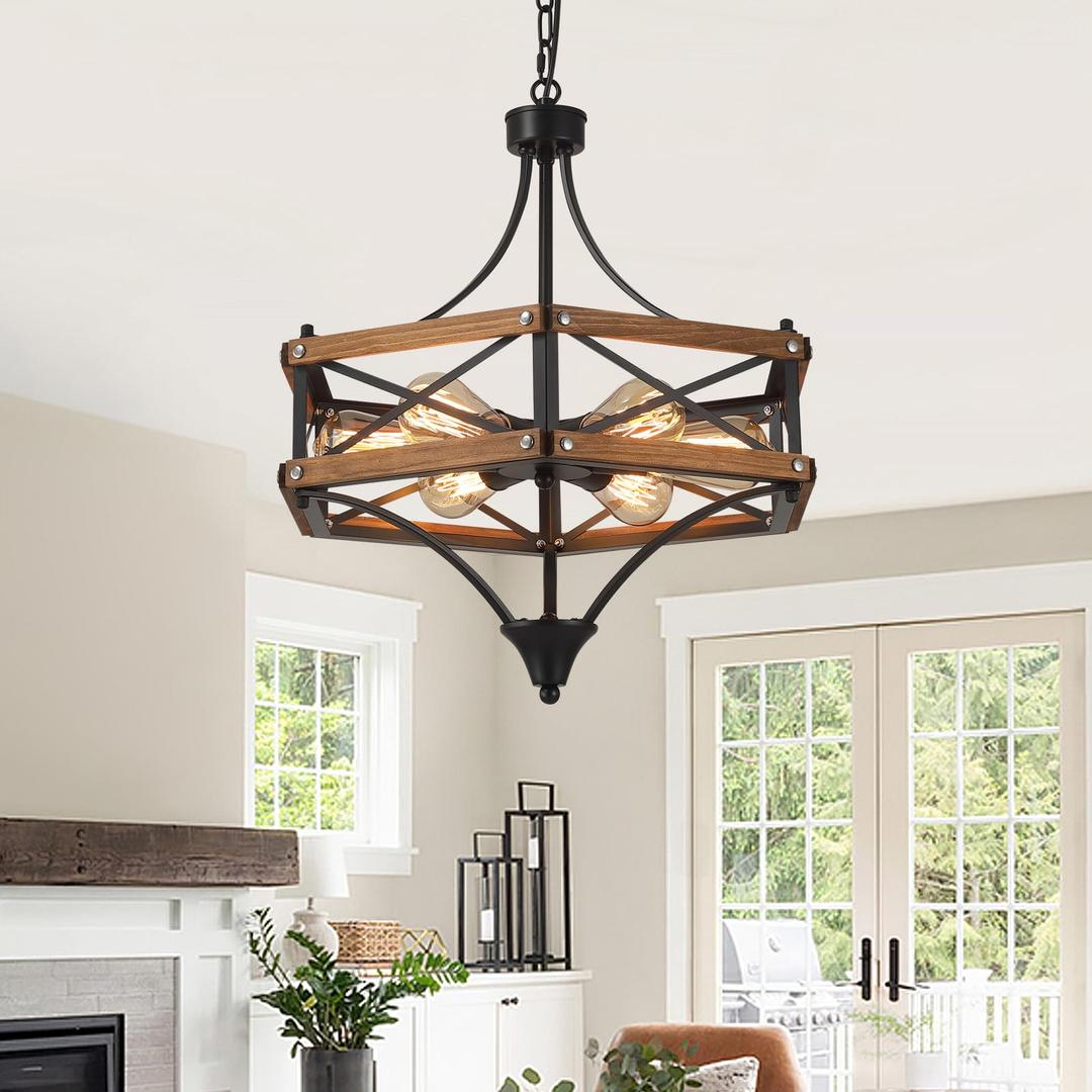 6-Light Large Rustic Farmhouse Wood Pendant Light Fixture with Adjustable Chain, 20 inch Oak Wood and Metal Chandelier for Dining Room Kitchen Island Living Room Entry Farmhouse, Black