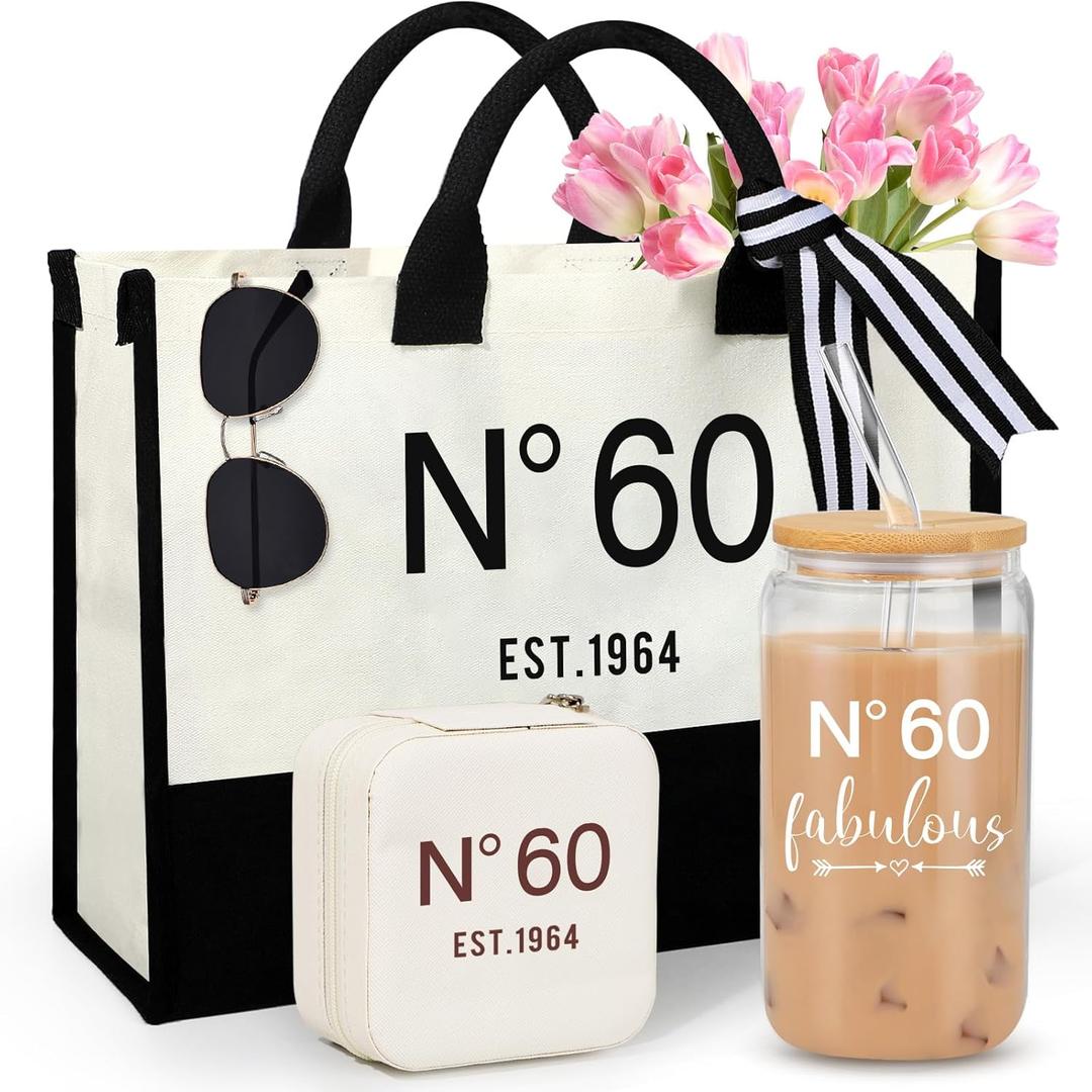 Suhctuptx 60th Birthday Gifts for Women, 60 Year Old Birthday Box for Women Unique in 1964 Gift, N°60 EST. 1964 with Beach Canvas Tote Bag Glass Cup Travel Jewelry Case for Mom Wife Aunt Grandma
