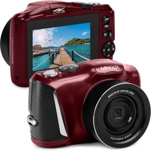 Minolta 64MP Digital Camera 4K Ultra HD Video at 60FPS, 16x Digital Zoom, WiFi, CMOS Sensor, 3-inch LCD Display, Auto Exposure - Includes 32GB Memory Card, Rechargeable Battery (Red)