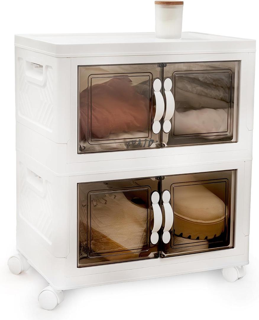 DALMAN 26QT Stackable Storage Bins with Lids -2 Tier Wheeled Shelf Organizer Plastic Containers with Lids Multipurpose Storage and Organization Shelving Unit with Magnetic Closure
