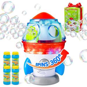 RocketShaped Bubble Machine for Kids & Pets  Dual Powerful Bubble Outlets, Automatic 360° Rotation, Adjustable LED Lights & Music – Ideal for Indoor/Outdoor Birthday Parties