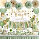 Baby Shower Decorations - Sage Green Balloons Welcome Baby Banner, Cake Topper, Paper PomPoms, Tassels, Star Banner Decor for Baby Shower Decorations Neutral Gender Reveal Party Supplies