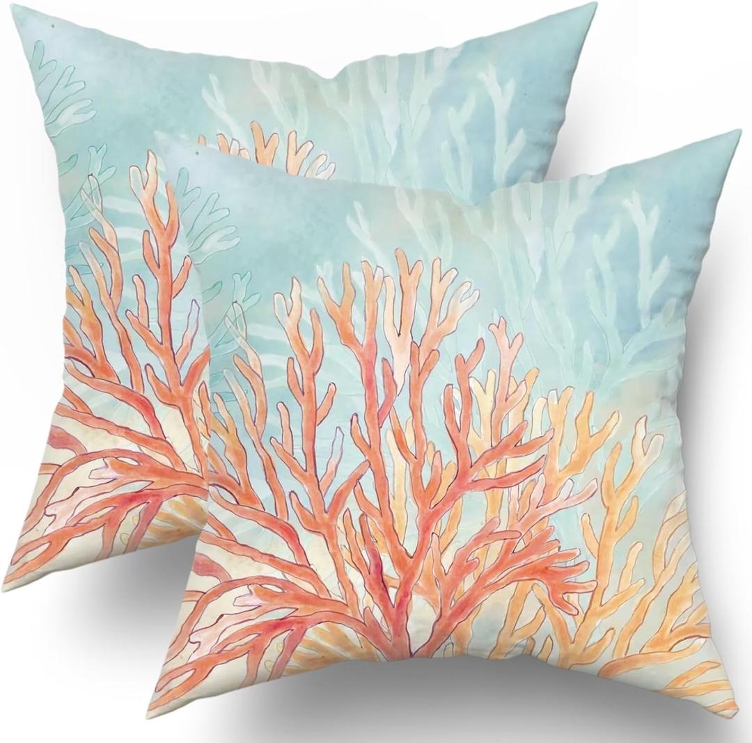 Giwawa Coastal Coral Throw Pillow Covers 16x16 Set of 2, Retro Vibe Pillow Cushion Cases, Modern Decorative Square Pillowcases for Sofa Couch Bedroom Living Room Car