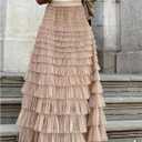 MAKEMECHIC Women's Mesh Maxi Skirt Tulle Ruffle Layered High Waist Flowy Fairy Skirts (Beige)