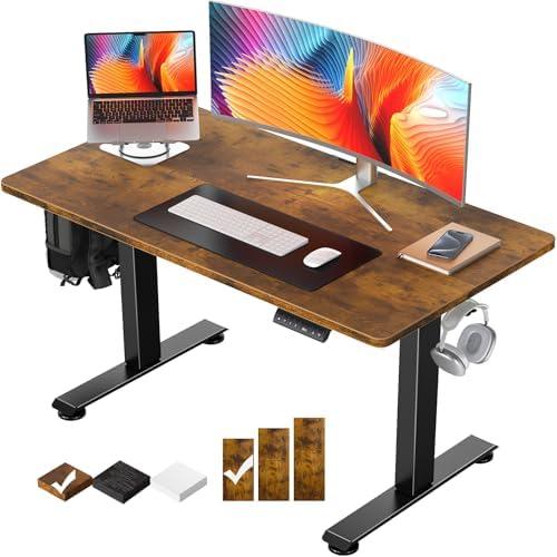 Veken 47.2 Inch Standing Desk Electric, Height Adjustable Sit Stand Up, Cable Clip, Wood Desktop, Work Home Office Computer PC Table, Writing Study Rising Desks, Brown