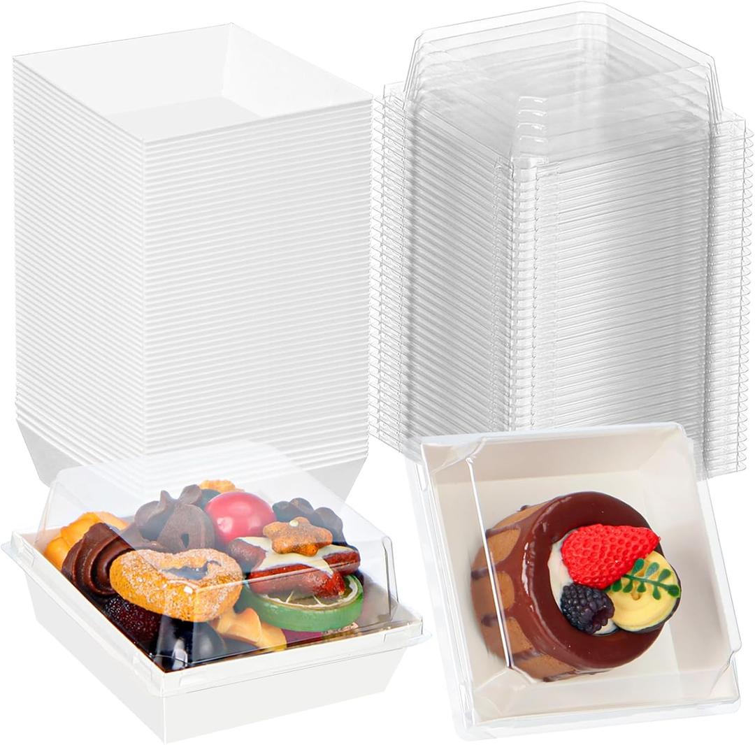 50Pack 4 Inch Charcuterie & Cookies Boxes with Clear Lids - Bakery, Chocolate Covered Strawberries, Mini Cake, Pie & Cinnamon Roll Treat Boxes for Parties (White)