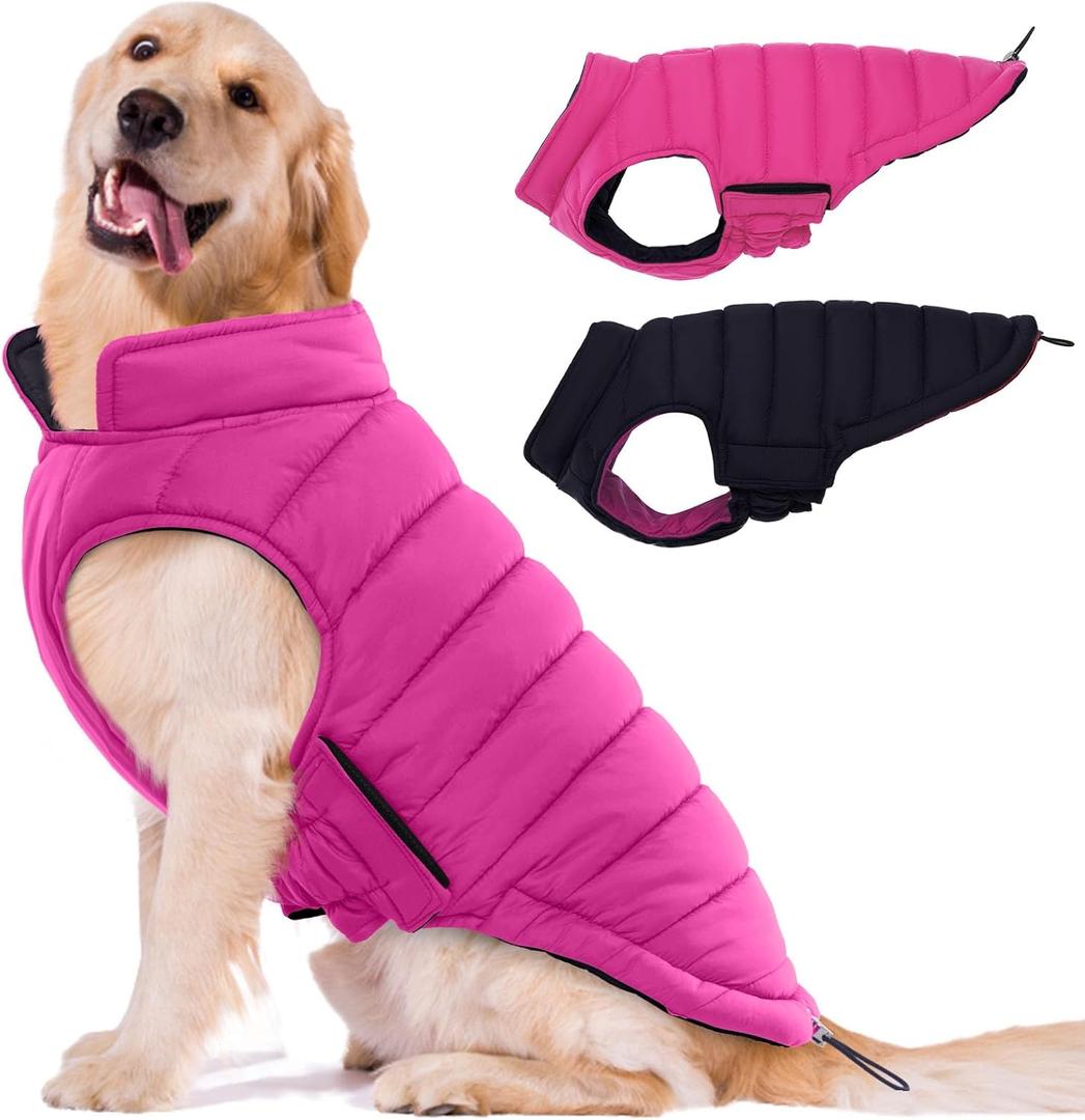 Lelepet Reversible Dog Coat Waterproof Dog Jacket Windproof Puffer Vest for Winter Warm Lightweight Coats for Medium Dogs Adjustbale Hook & Loop Pet Apparel with Leash Hole, French Bulldog, Rose Red Large