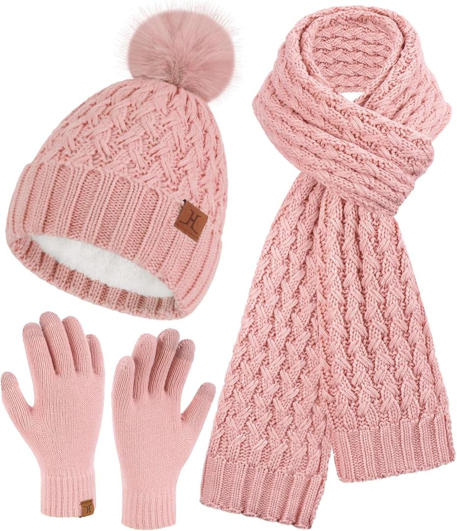 Womens Winter Beanie Hat Touchscreen Gloves Long Neck Scarf Set Warm Knit Caps with Pom Fleece Gifts for Women (One Size, Pink)