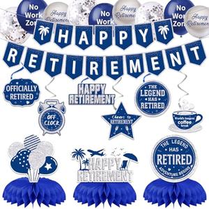 25Pcs Retirement Party Decorations for Men Women, Blue Silver Happy Retirement Banner Hanging Swirl Balloons Honeycomb Centerpiece Party Supplies Set
