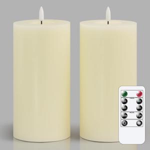 Flameless Flickering 4" x8" Real Wax Ivory Remote Candles with Candle Grease, Pack of 2 Timer LED Battery Operated Fake Warm Light Pillar Candles for Home, Banquet, Ceremony Decoration