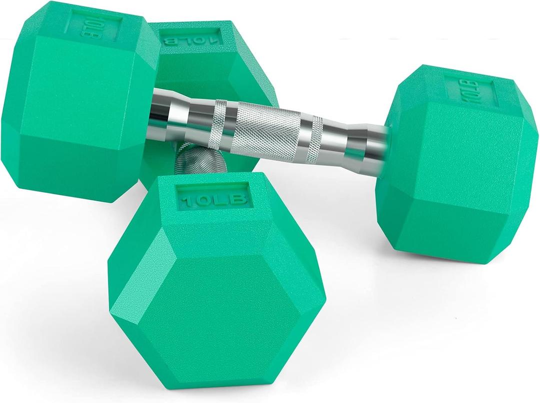 Portzon 8 Colors Options Compatible with Set of 2 Rubber Dumbbell Weight, 10-Pounds, Pair, Anti-Slip, Anti-roll, Hex Shape (Standard, Green)
