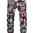 Men's Straight Slim Fit Plaid Printed Jeans Skinny Denim Pants,845 Black&Plaid, Size 30