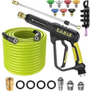 POHIR Pressure Washer Gun and Hose 3600 PSI, Pressure Washer Hose 50ft and Gun, 3/8" Quick Connect Swivel, M22 15mm/14mm Fittings, 30" Extension Wand & 7 Nozzle Tips - for Home & Outdoor Cleaning