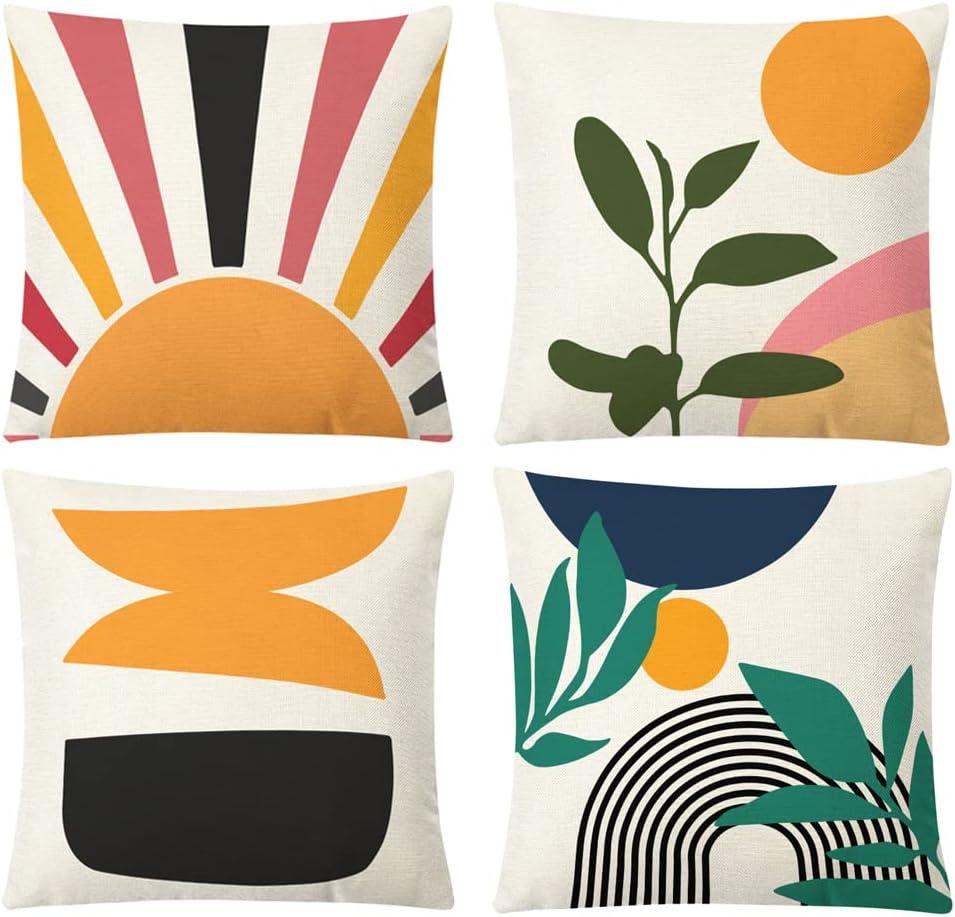 Boho Abstract Pillow Covers Mid Century Modern Throw Pillow Covers Geometric Leaf Sun Bohemian Pillow Cases Cotton Linen Cushion Covers for Couch Bed Sofa Bedroom 18x18 Set of 4