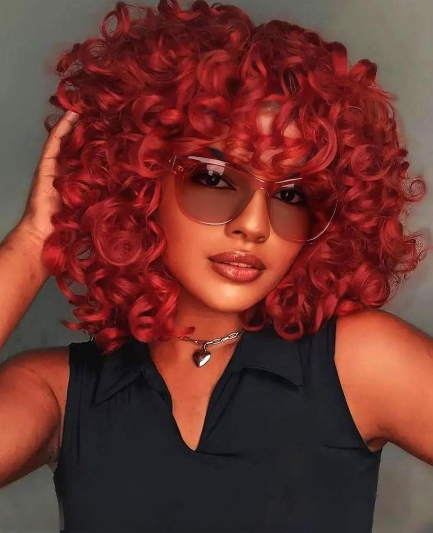 GKtineke Short Curly Wig with BangsFull Loose Curly Wigs for Black Women Big Curly Wig Soft Fluffy Natural Synthetic Hair for Daily and Party (Burgundy)