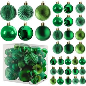 Prextex 36-Pieces Green Christmas Ornaments Set - Shatterproof, Festive Christmas Tree Balls Decorations in 3 Sizes and 6 Styles with Hanging Loops for Tree, Wreath and Dazzling Holiday Party Decor