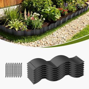 Mars Villa Wavy Landscape Edging, 6IN Tall 10FT Garden Edging Border with 16 Anchoring Stakes, No Dig Decorative Plastic Interlocking Tile Edging for Lawn, Flower Bed, Sidewalk, Yard (Black, 8PCS)